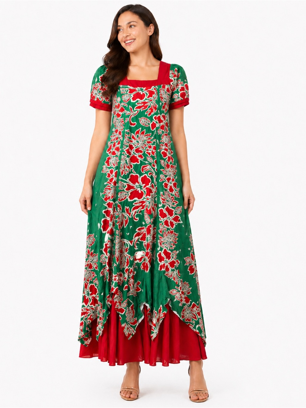 Vintage Muu Muu Apparel Hawaii Dress XXL Red Green Floral Handkerchief Hem